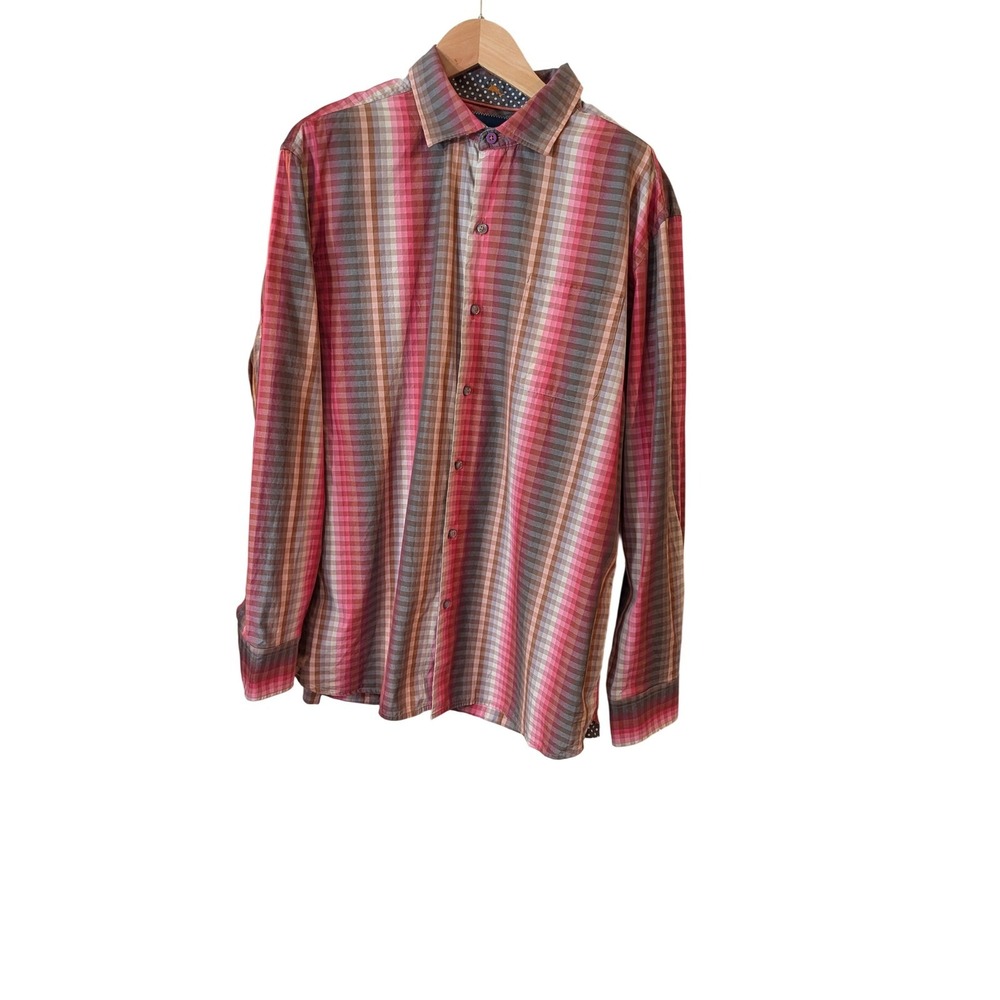 Tommy Bahama Mens Pink Orange Plaid Button Down Shirt Long Sleeve Cotton Large